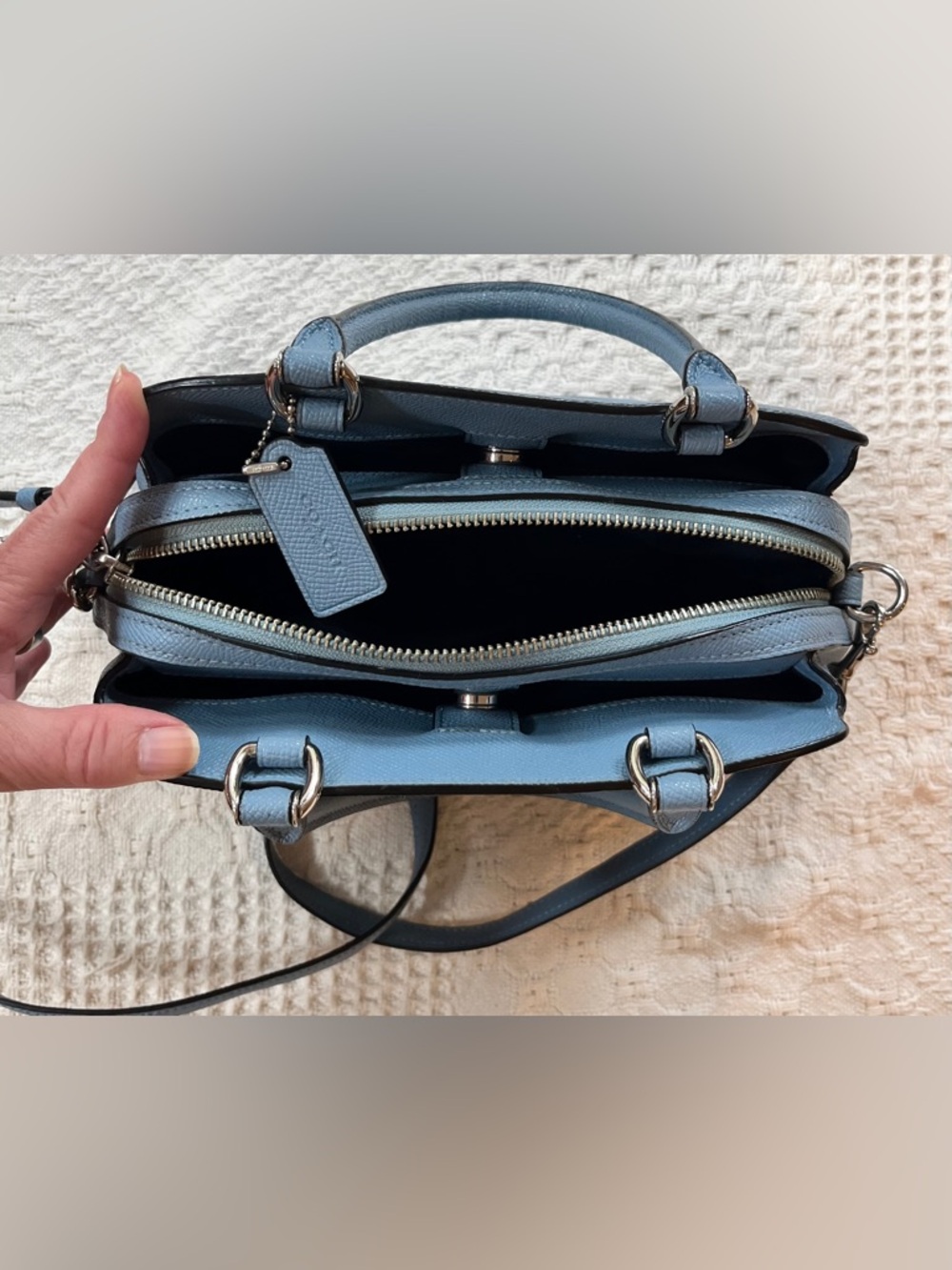 Coach Mini Lillie Carryall Bag in Light Blue Crossgrain Leather, Crossbody Strap - Picture 3 of 8